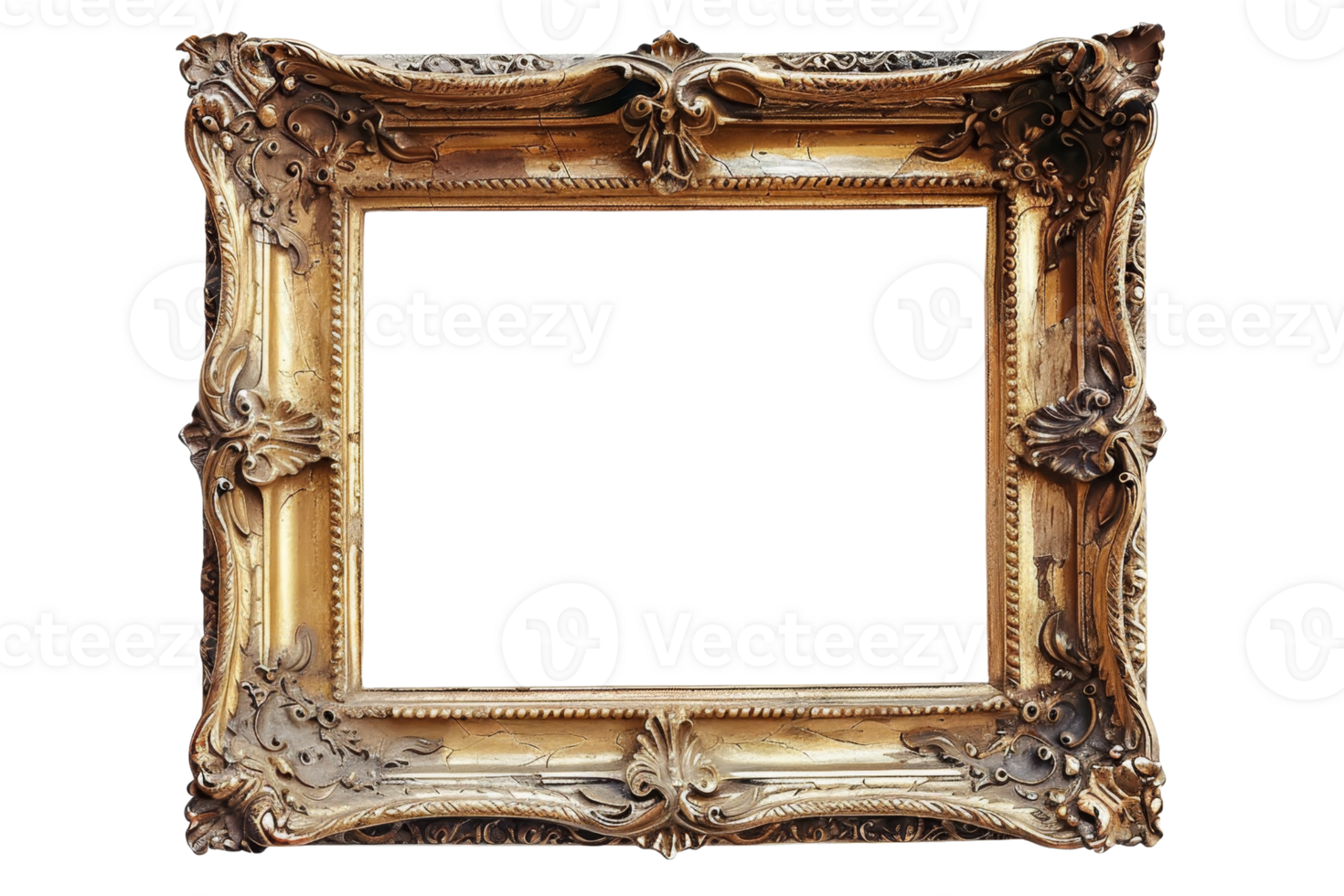 Ornate antique gilded picture frame with intricate detailing, perfect for displaying artwork, photographs, or certificates. png