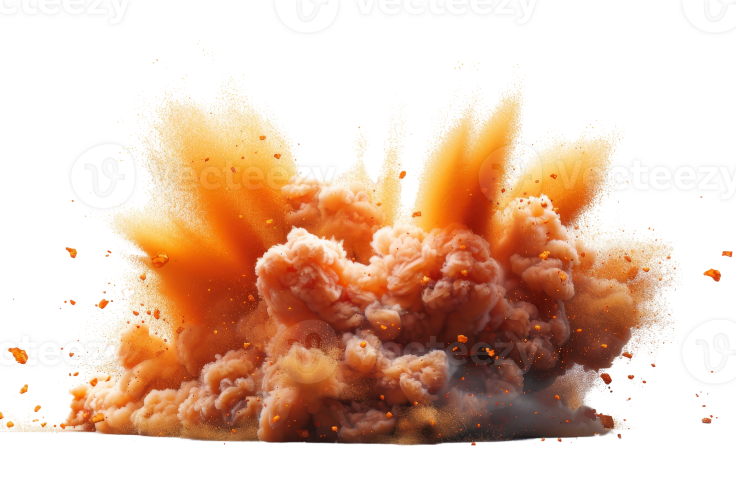 A large explosion of orange and brown dust and debris. The explosion is so powerful that it has created a cloud of dust and debris that is covering the ground. The scene is chaotic and destructive png
