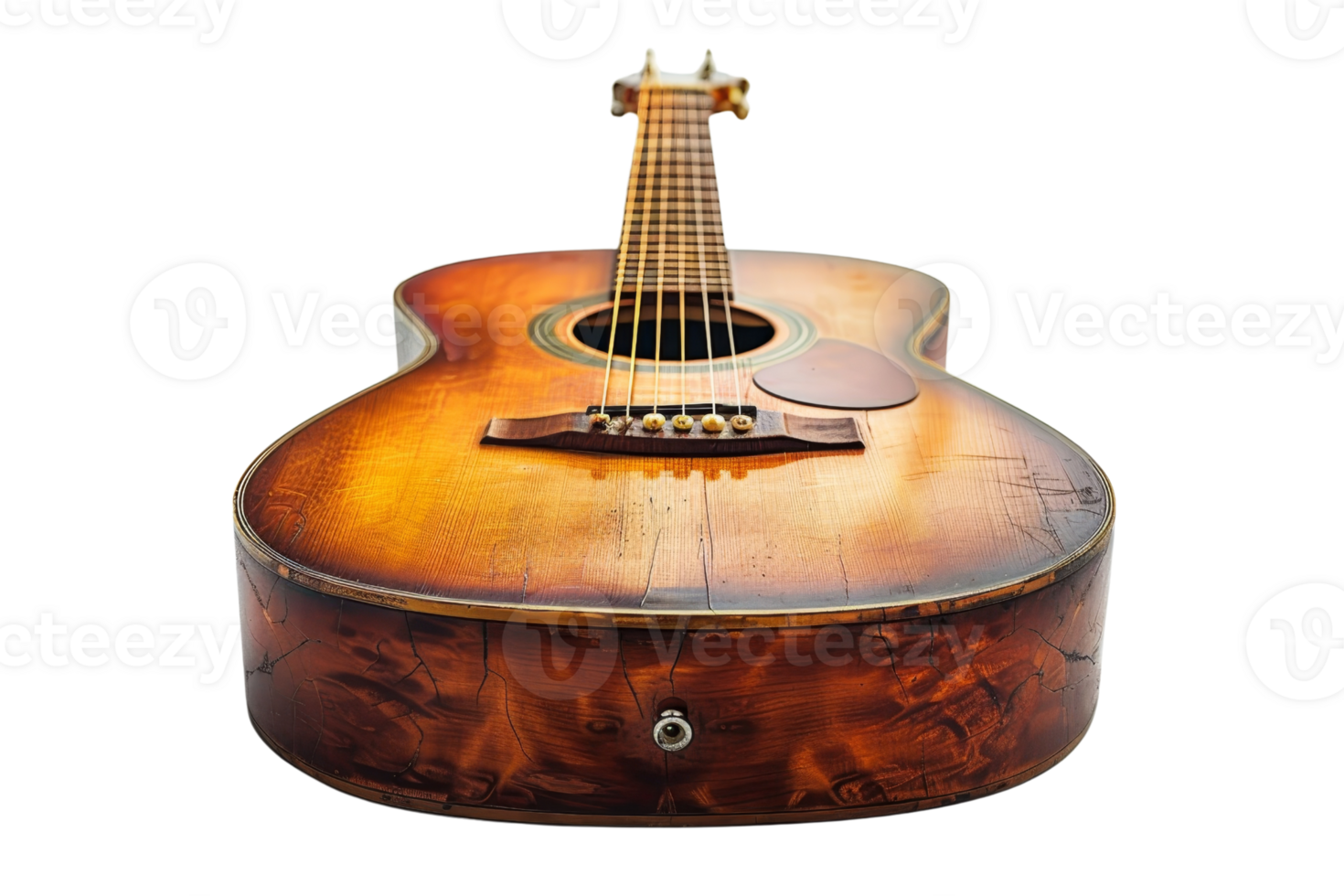 Close-up of a vintage acoustic guitar with beautiful wood grain and warm tones, isolated on a transparent background. png