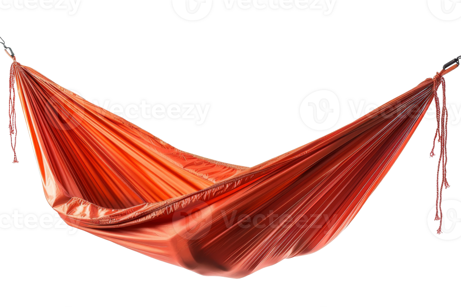 A red and orange hammock is hanging from a hook. The hammock is suspended in the air and he is a large, colorful piece of fabric png