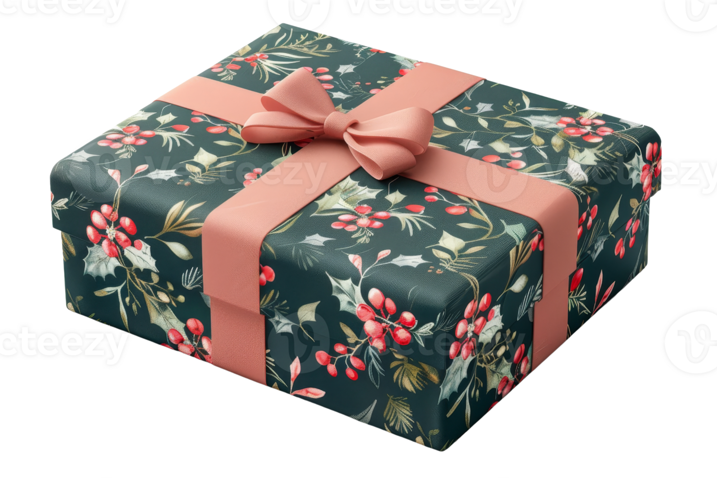 A green box with a bow on top and a floral design. The box is decorated with red berries and leaves png