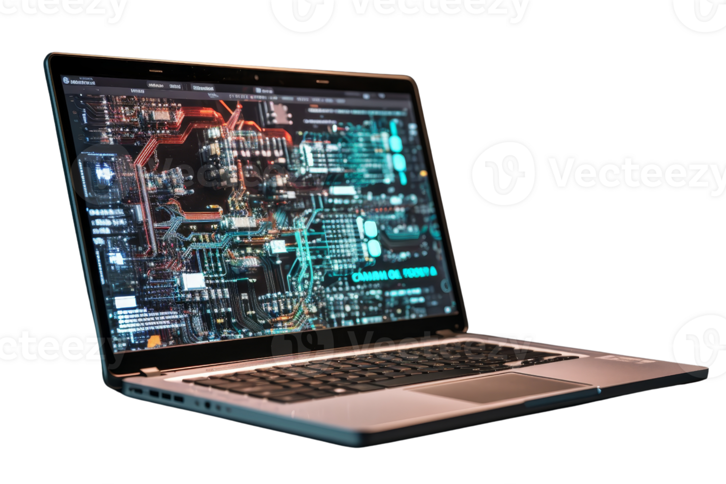 A laptop computer with a screen displaying a complex circuit board png