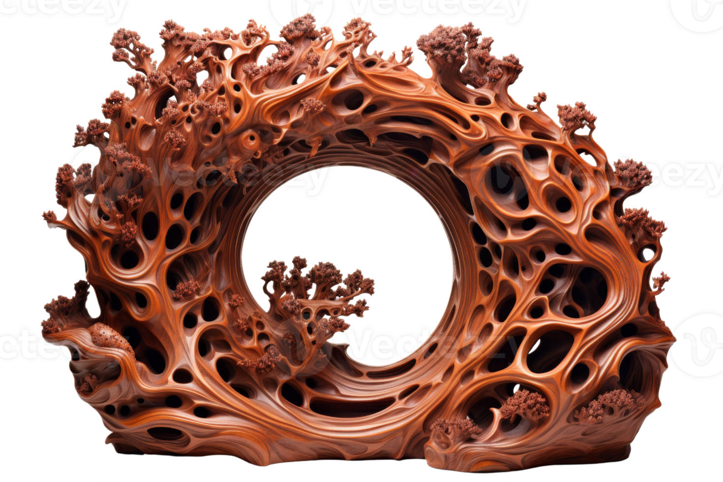 A large, carved piece of wood with a tree-like design. The wood is brown and has a lot of holes in it. The piece is very intricate and detailed, with many different shapes and sizes png