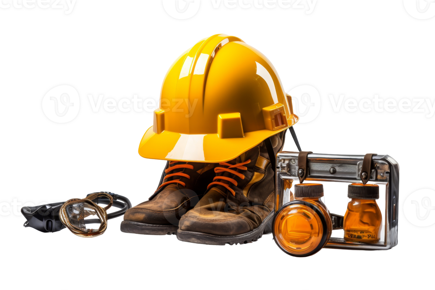 A yellow hard hat sits on top of a pair of work boots. The boots are brown and have orange laces. Concept of safety and protection, as the hard hat png