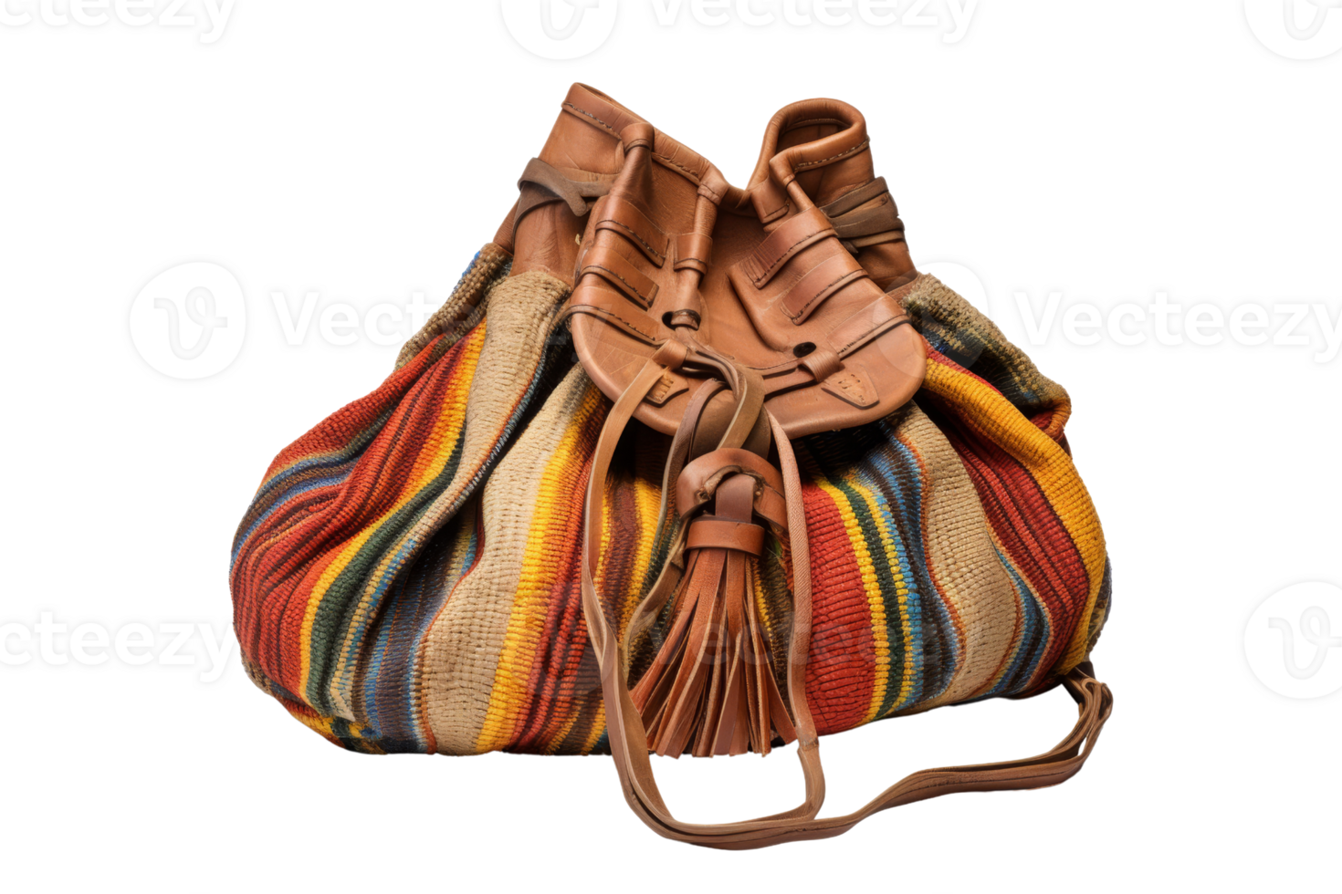 A colorful purse with a brown strap. The purse is made of leather and has a fringe. The purse is a beautiful and unique accessory that can be used to express one's personal style png