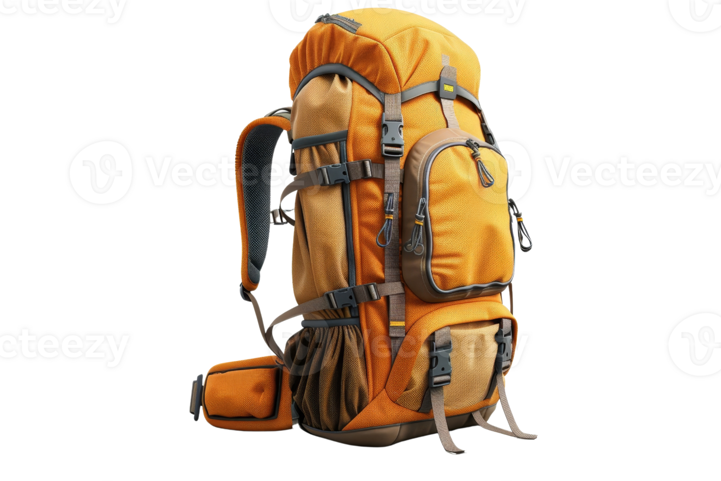 A large orange backpack with a brown lining. The backpack is made of a combination of materials and has a unique design png