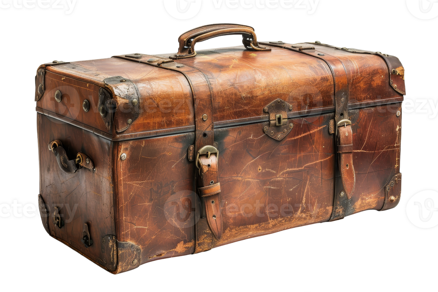 A brown leather suitcase with a gold buckle. The suitcase is old and worn, with a vintage look png