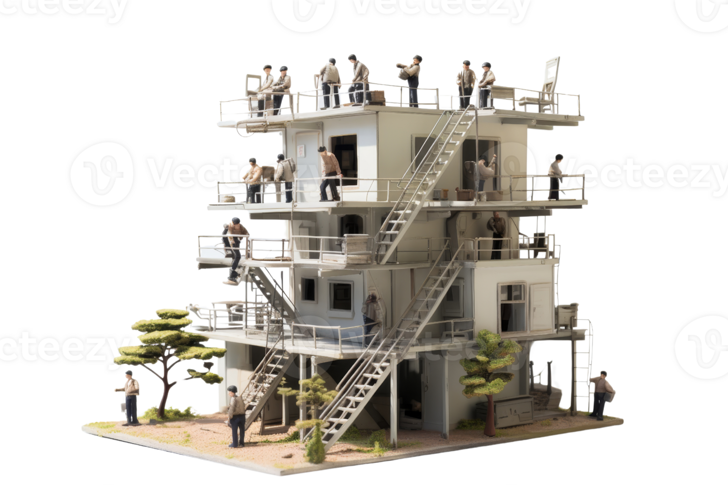 A model of a tall building with people on the roof. The building is white and has a lot of windows png