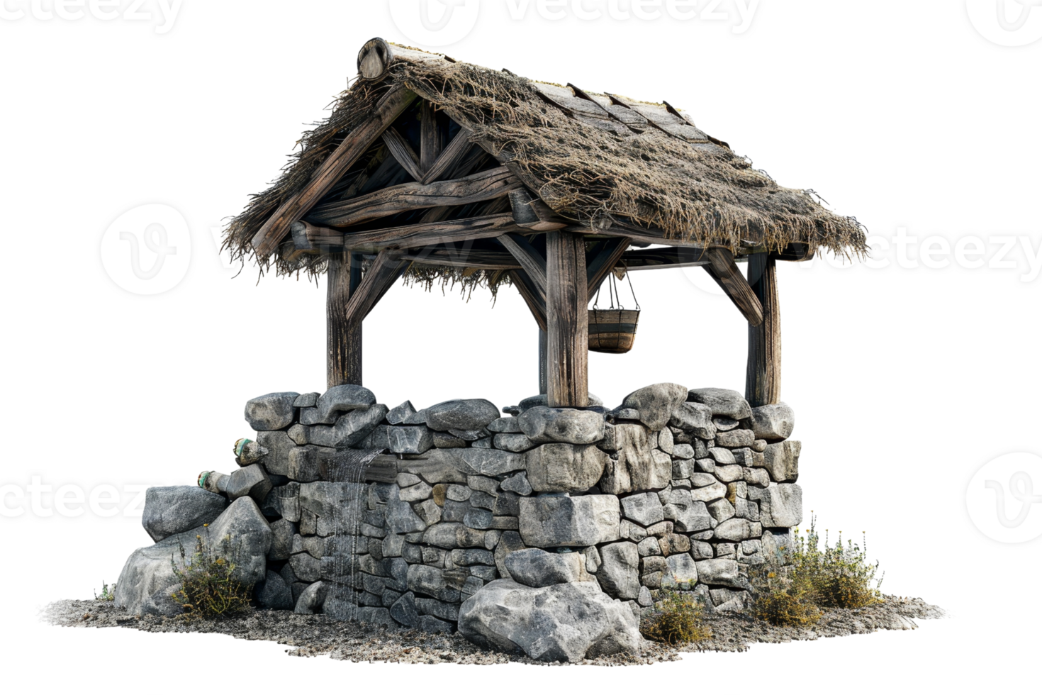 A small, weathered stone building with a thatched roof and a hanging basket. The building appears to be a well or a water source png
