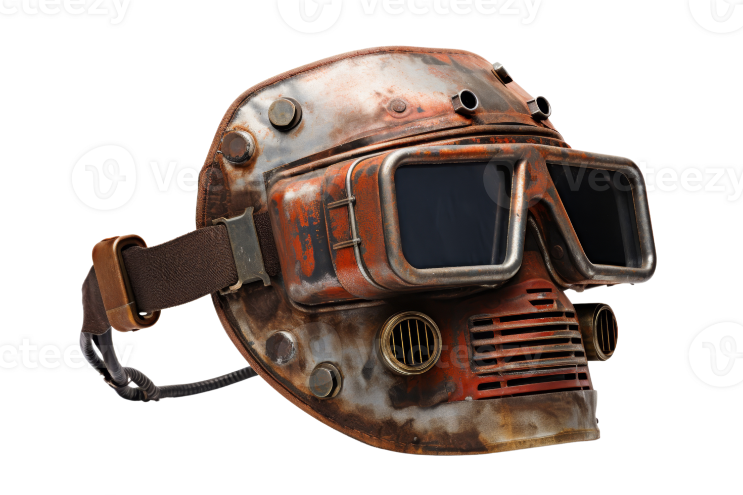 A pair of goggles with a strap that is brown and has a buckle. The goggles are old and rusted png