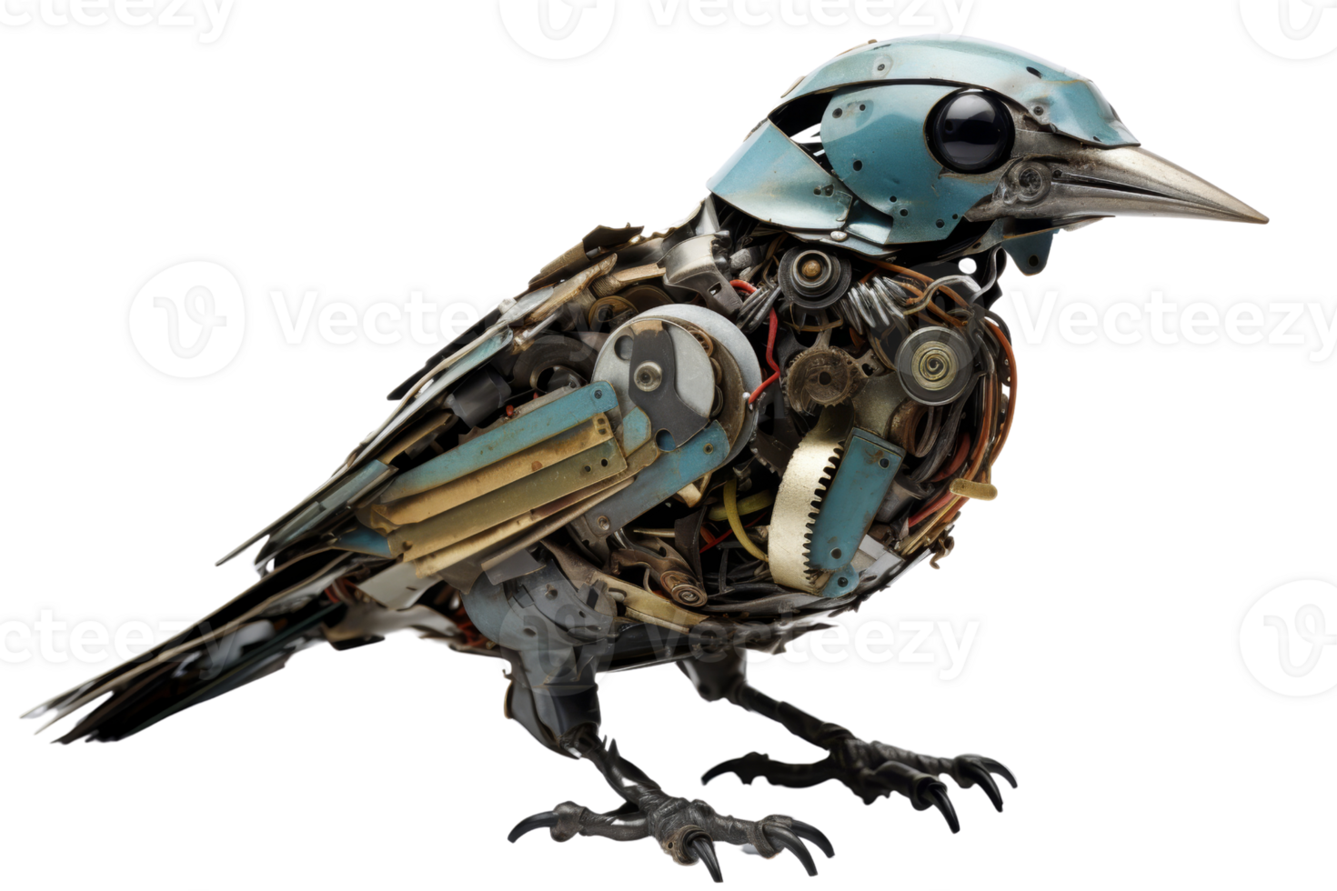 A bird made of metal parts and gears. The bird is blue and has a mechanical appearance. Concept of creativity and artistry, as well as a fascination with the intersection of nature and technology png
