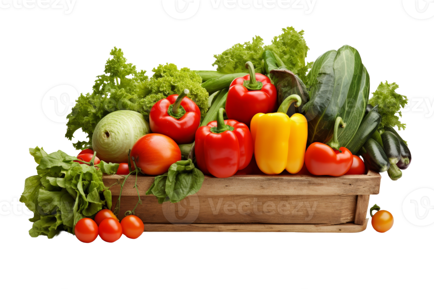 A basket of vegetables including tomatoes, peppers, and cucumbers. The basket is wooden and filled with a variety of colorful vegetables png
