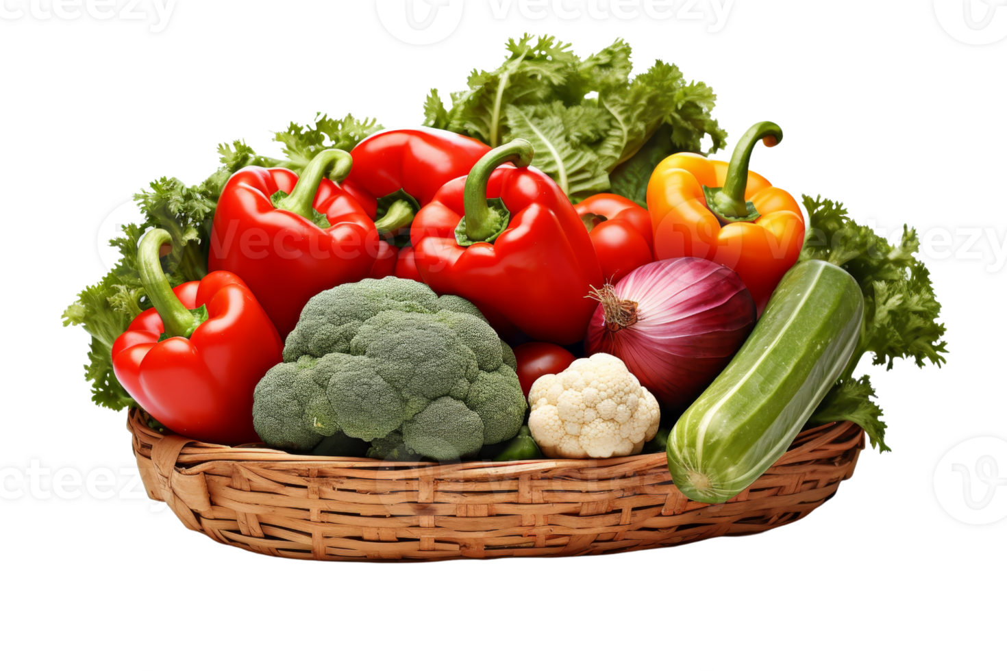 A basket of vegetables including broccoli, cauliflower, and peppers. The basket is filled with a variety of vegetables, including some that are green and some that are red png
