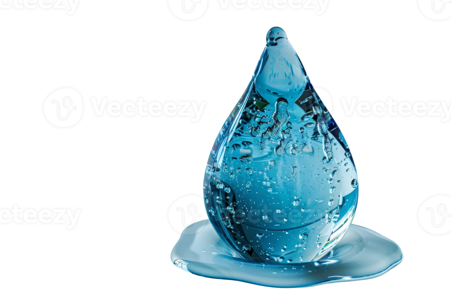 A close-up of a blue water droplet with bubbles inside, isolated on a transparent background. for a clean, refreshing look. png