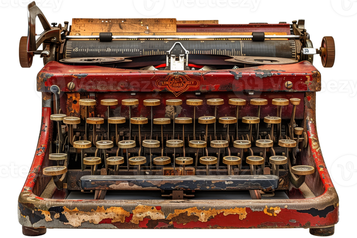 An old typewriter with a red and black keyboard. The typewriter is old and rusty, and it has a vintage look to it png