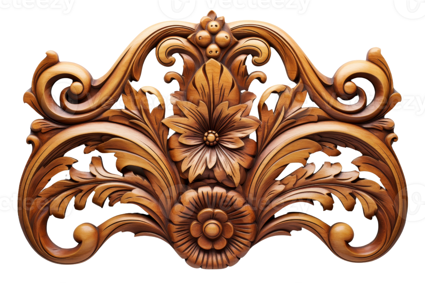 A wooden flower design with a leafy border. The design is ornate and intricate, with a sense of elegance and sophistication. The wood grain is visible, adding to the natural png