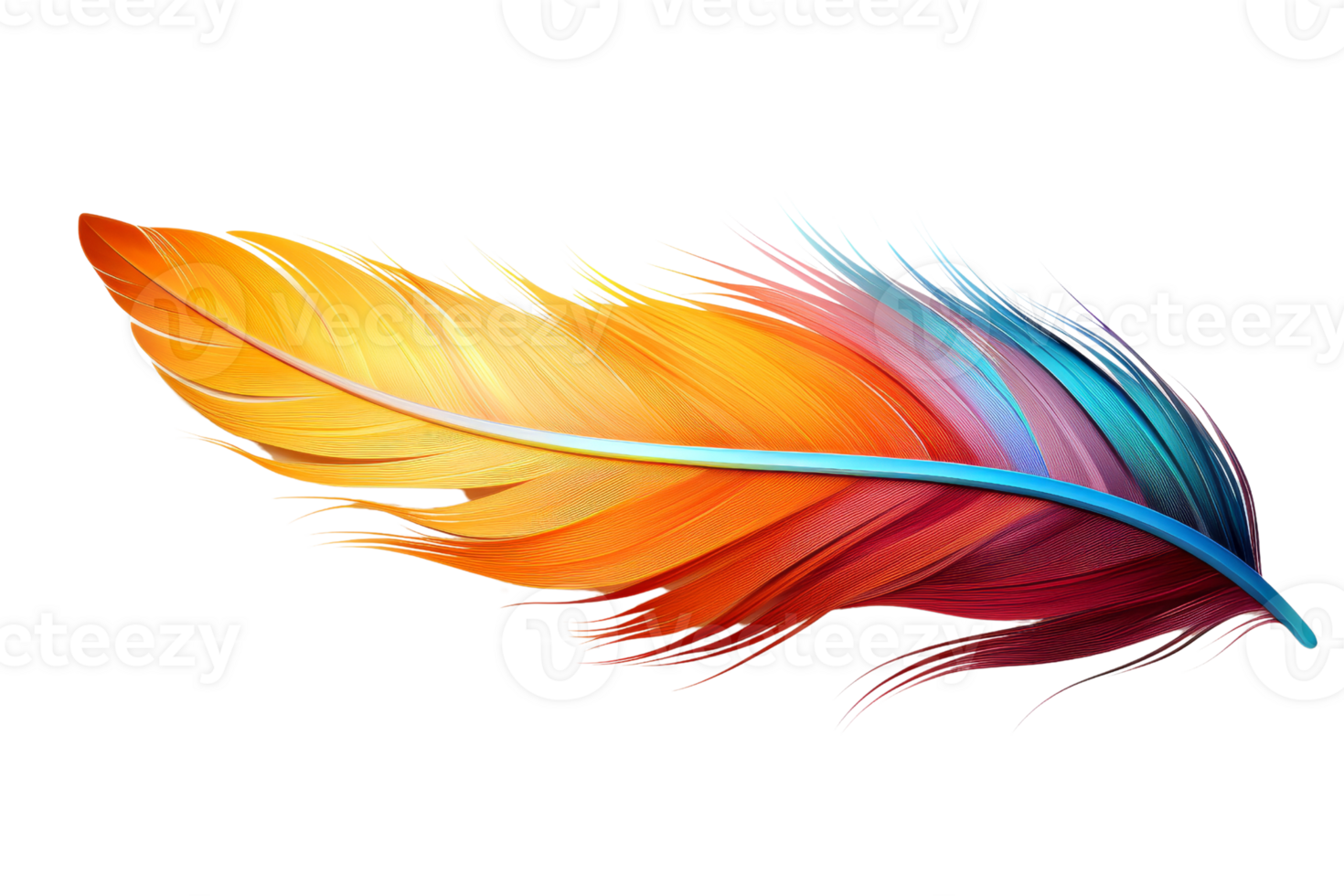 A colorful feather with a blue tip. The feather is long and has a rainbow of colors. It is a beautiful and vibrant image that captures the essence of nature and the beauty of birds png
