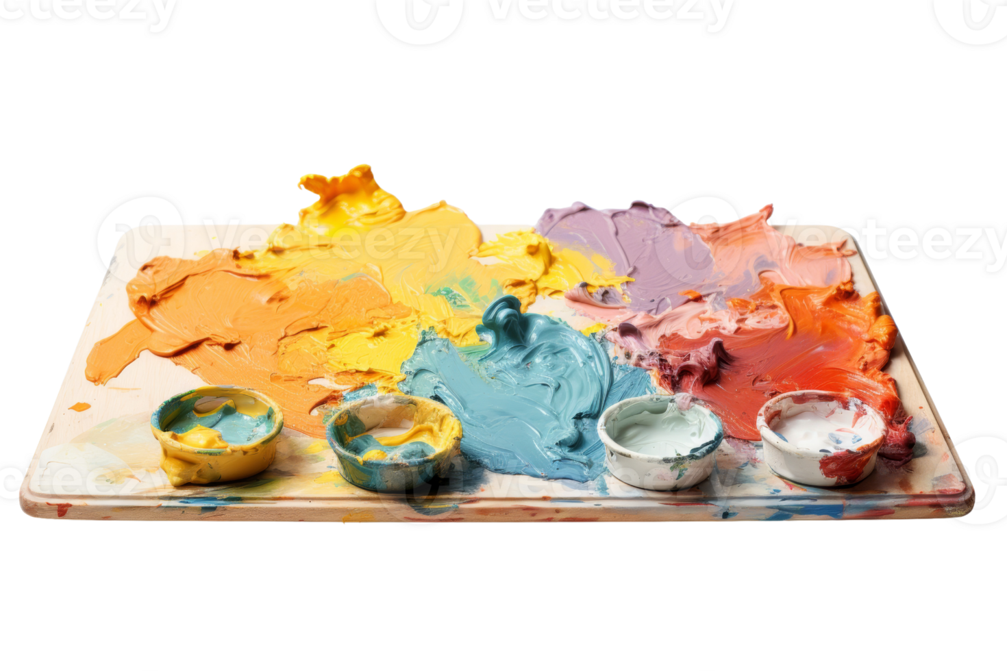 A table with a variety of paint colors and paintbrushes. The table is covered in paint and has a messy appearance. The colors are bright and vibrant, creating a lively and creative atmosphere png