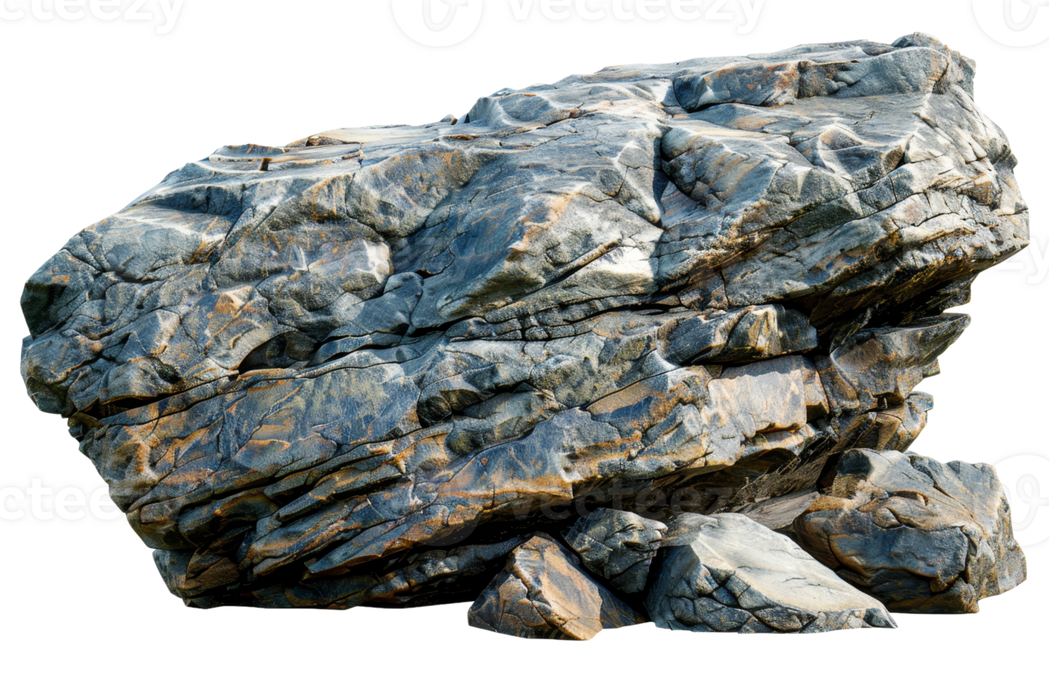 A large rock with a few smaller rocks on top of it. The rock is grey and black with some brown spots png