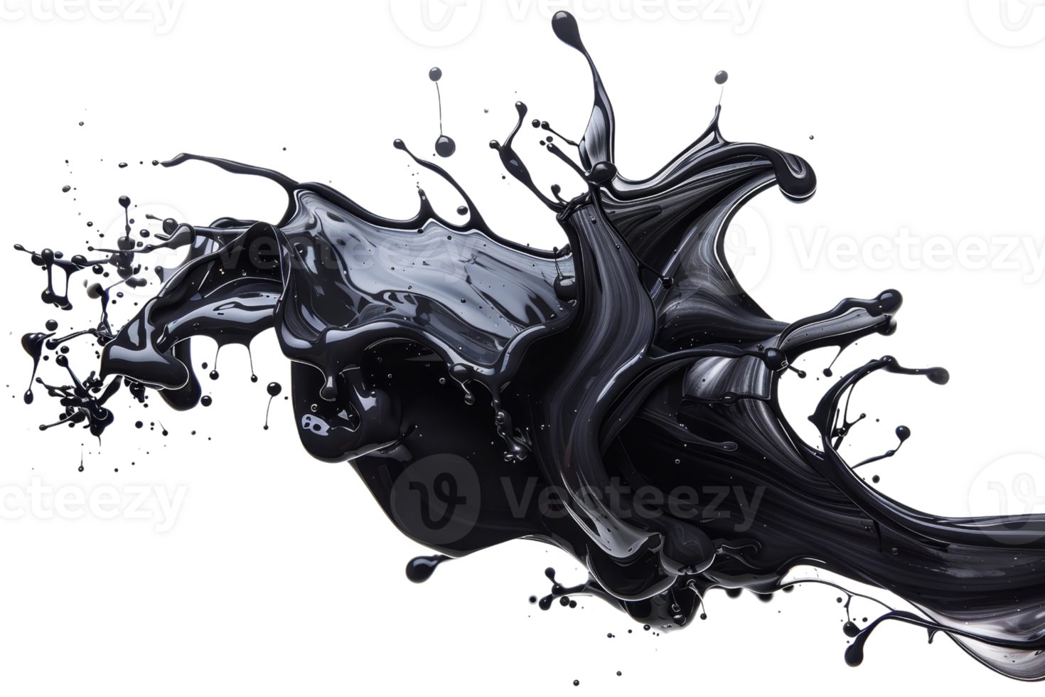 Abstract splash of black viscous liquid or paint in mid-air with dynamic motion and texture against a transparent background. png