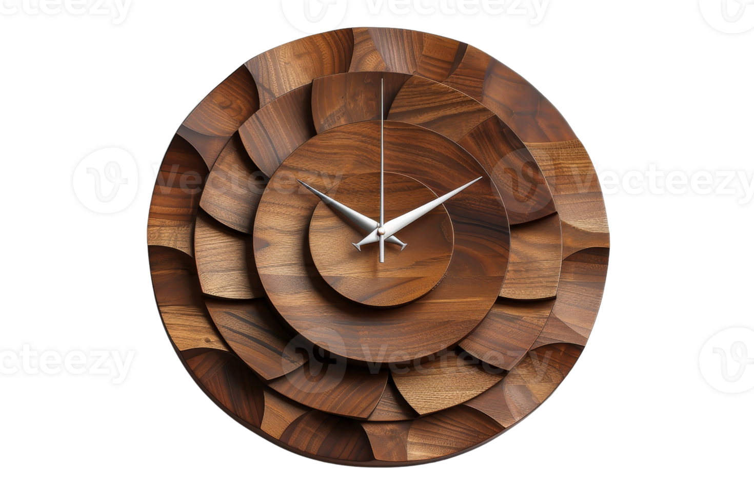 Artistic wall clock with wood design features sculpted concentric circles. Modern decor element, perfect for stylish interiors. png