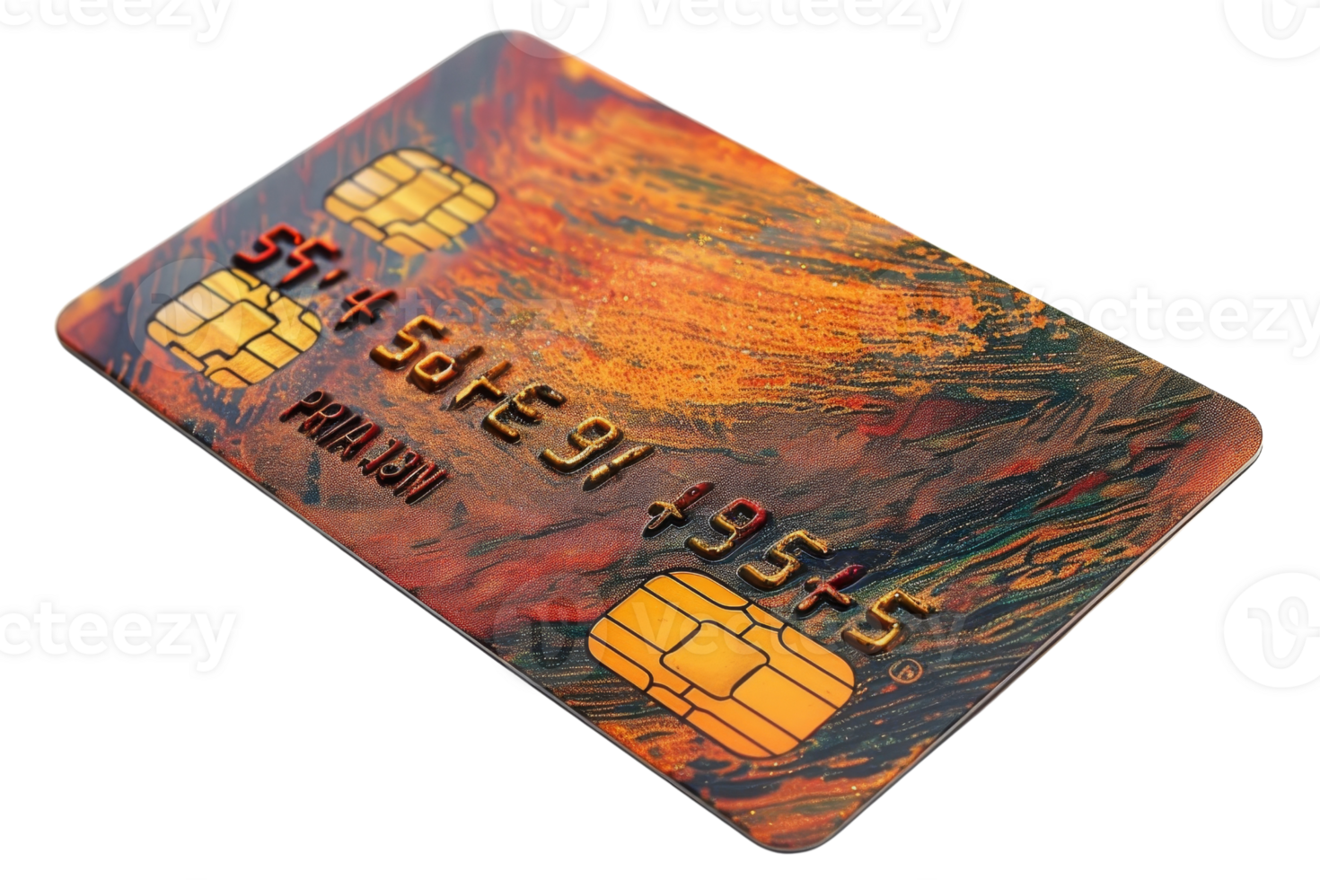 A colorful, artistic credit card with chip technology, isolated on transparent background. png