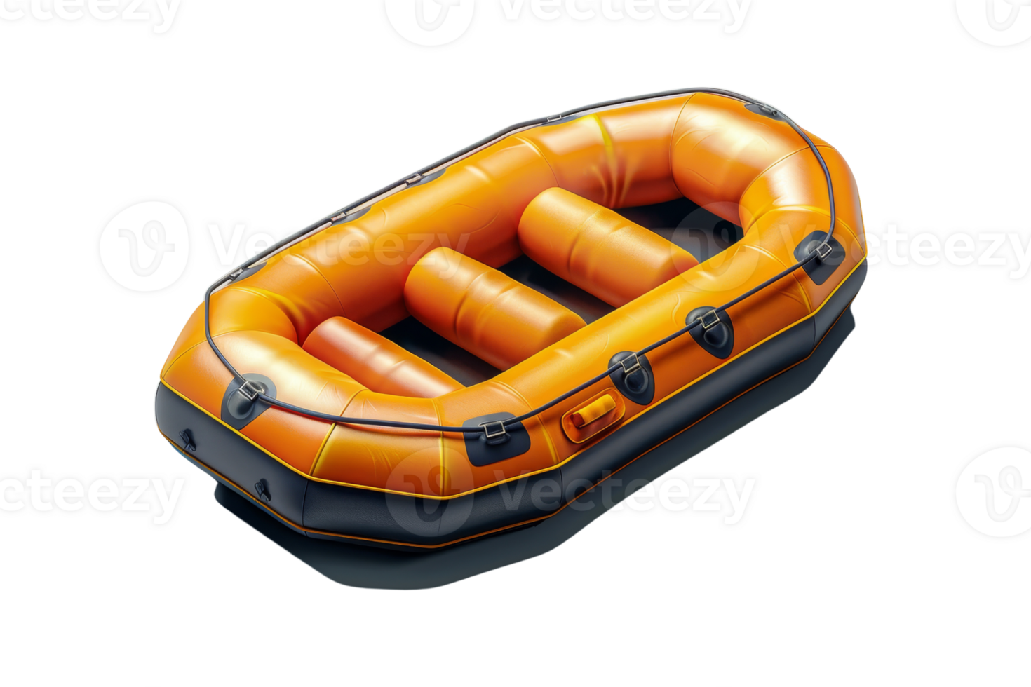 High-quality image of an orange inflatable raft with black accents, isolated on a transparent background. Ideal for water sports and outdoor activities. png