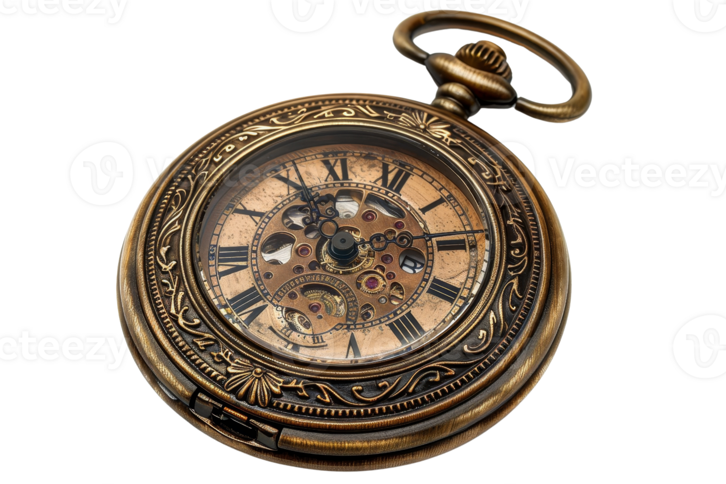 Ornate antique pocket watch with Roman numerals and visible intricate gears, showcasing vintage craftsmanship and timeless elegance. png
