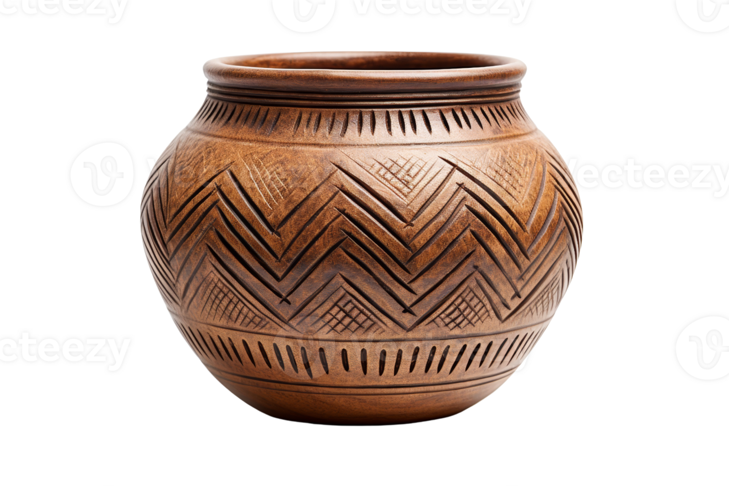 Handcrafted wooden pot with intricate carvings, perfect for rustic home decor or artisanal collections. High-resolution image on transparent background. png