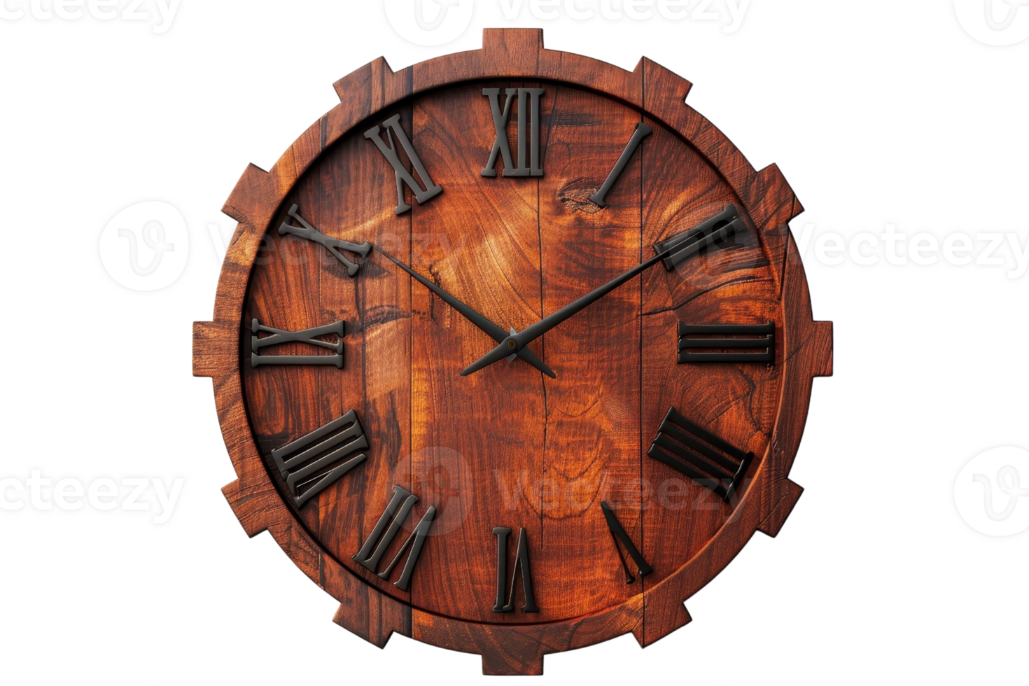 Vintage wooden wall clock with Roman numerals, showcasing intricate craftsmanship and a rustic aesthetic, perfect for home decor. png
