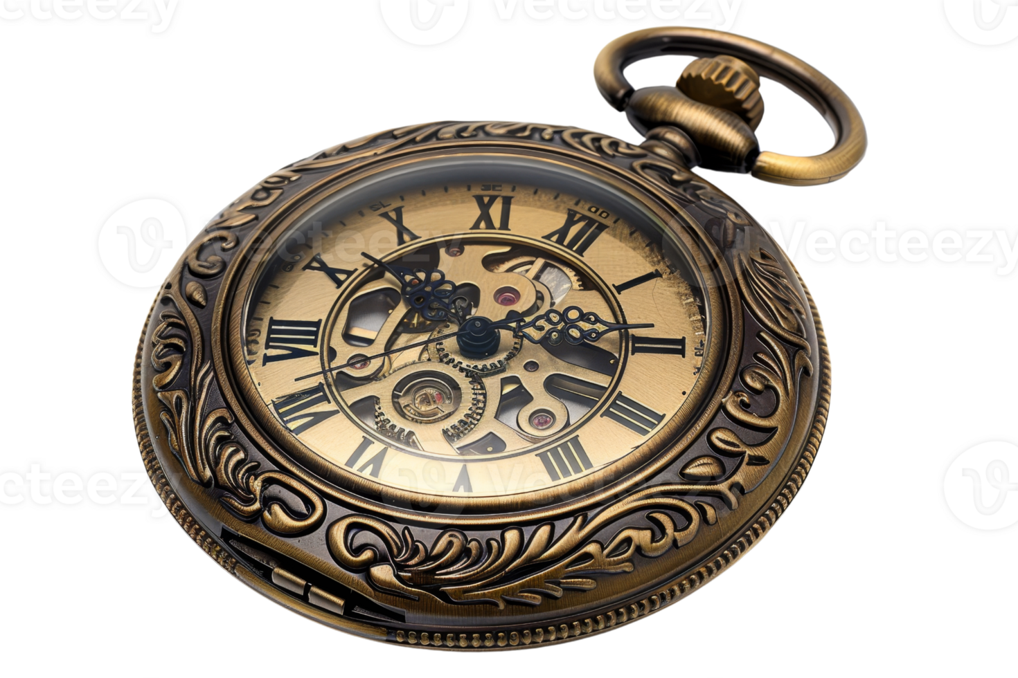 Vintage pocket watch with ornate detailing and visible mechanical gears. Timeless elegance and craftsmanship perfect for collectors and enthusiasts. png