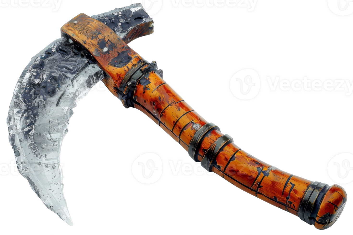 Intricately designed fantasy axe with a wooden handle and metallic blade, perfect for role-playing games, costumes, and displays. png