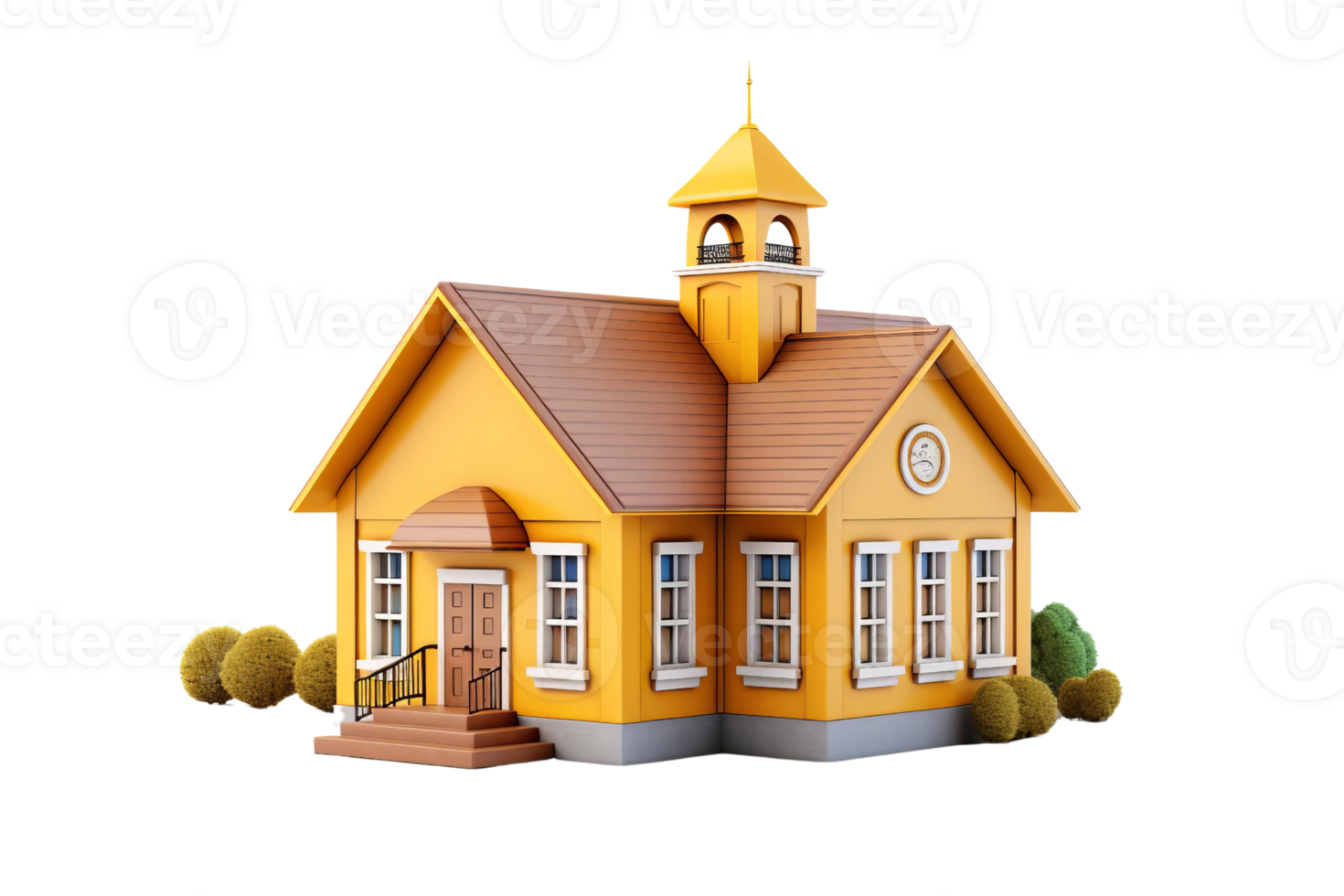 A yellow house with a clock on the front. The house is surrounded by bushes and has a bell tower on top png