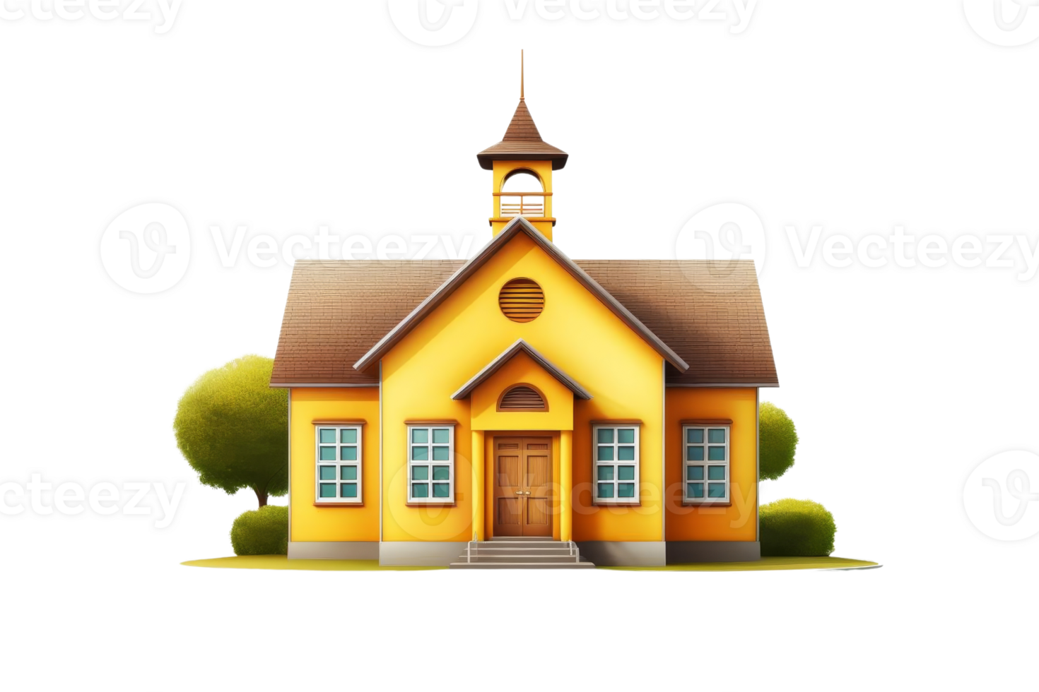 A yellow schoolhouse with a white roof and a green tree in front of it. The house has a clock on the front and a bell on top of the roof png