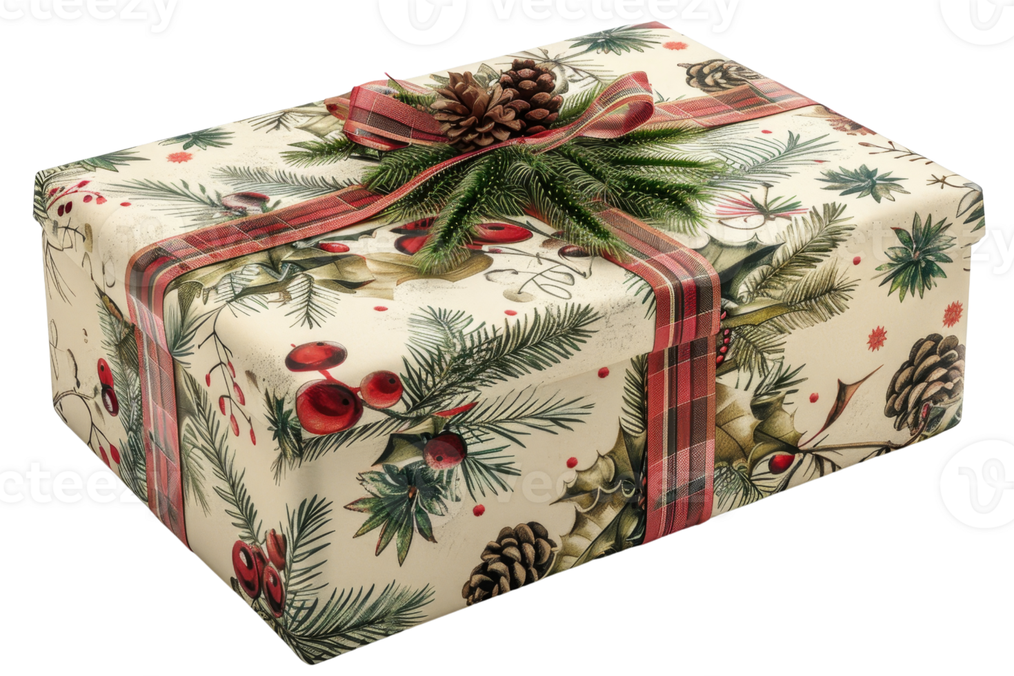 A white box with a red ribbon and pine cones on it. The box is decorated with a Christmas theme png