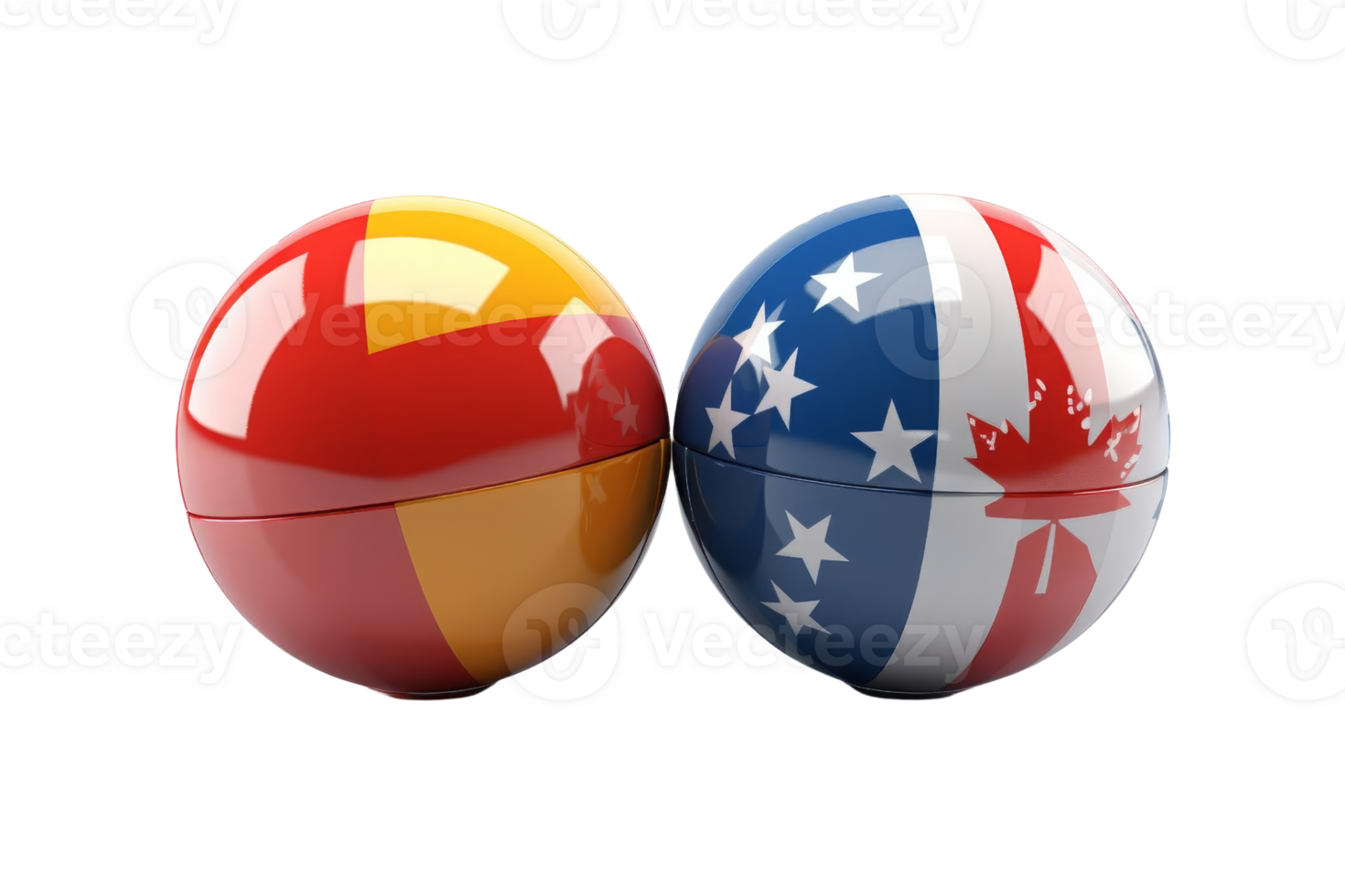 Two eggs with a red and yellow border and a blue and white border. The eggs are decorated with stars and a maple leaf png