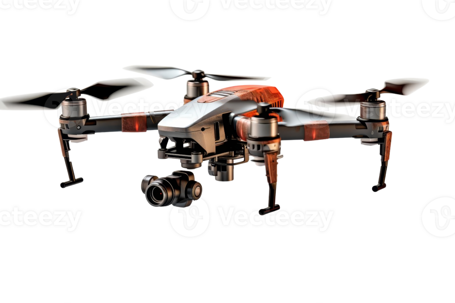 A drone with a black body and orange wings. The drone is in the air and has a camera on it png