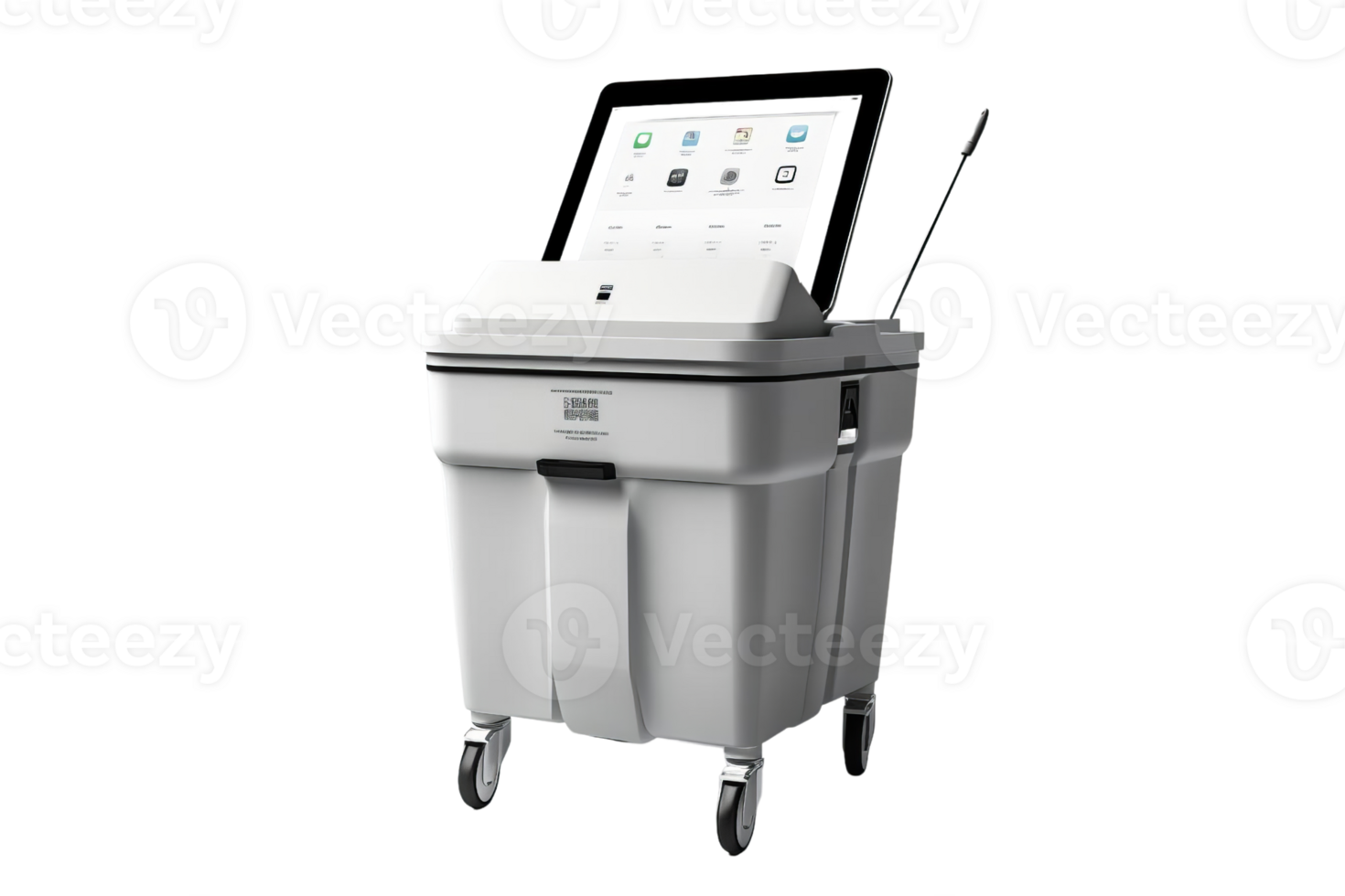 A white box with a screen on top of it. The box is on wheels and has a remote control on top of it png
