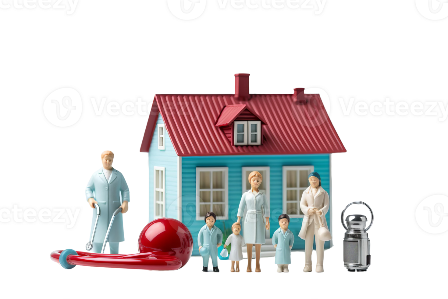 A family of five is standing in front of a blue house. The house is surrounded by a red roof and a red ball. The family appears to be posing for a photo, and the scene gives off a warm png