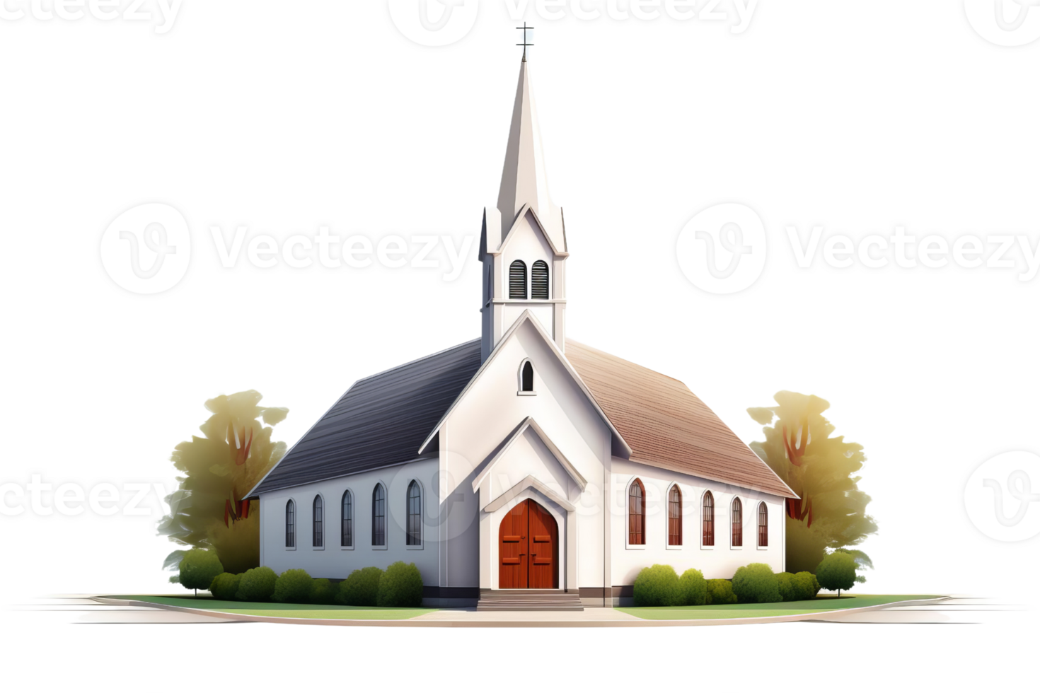 A white church with a red door and a steeple. The church is surrounded by trees and bushes png