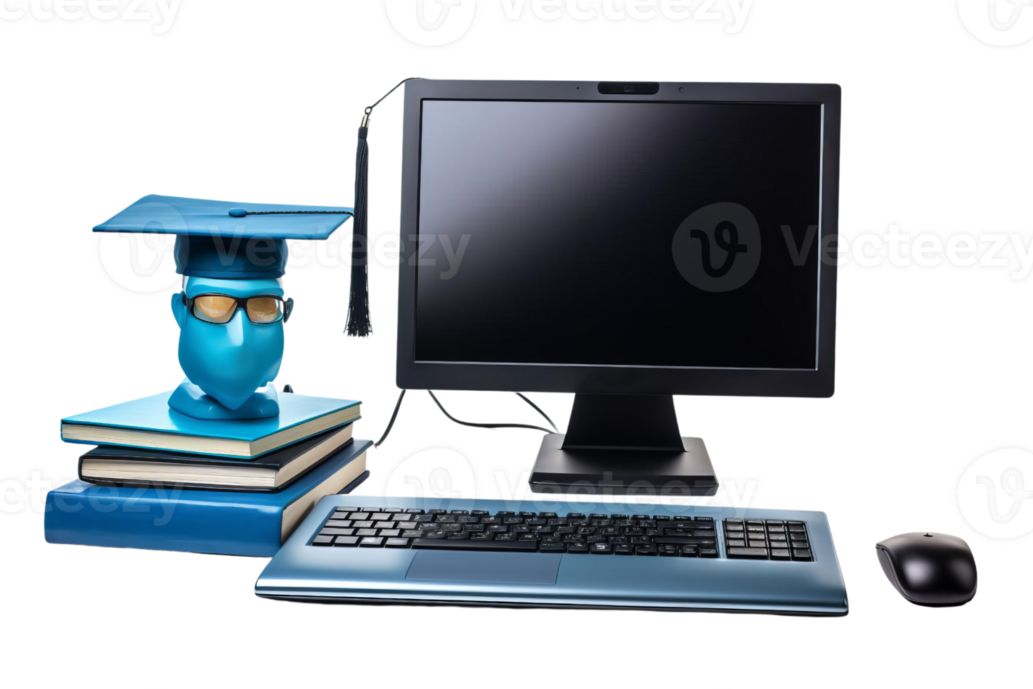A computer monitor sits on a desk with a stack of books and a blue head with glasses png
