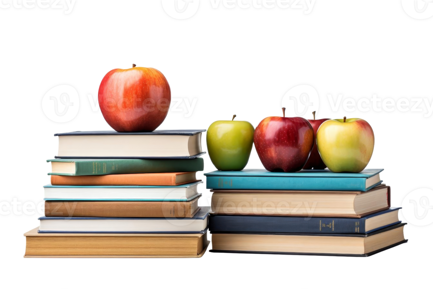 A stack of books with apples on top of them. The apples are green and red. The books are piled on top of each other png