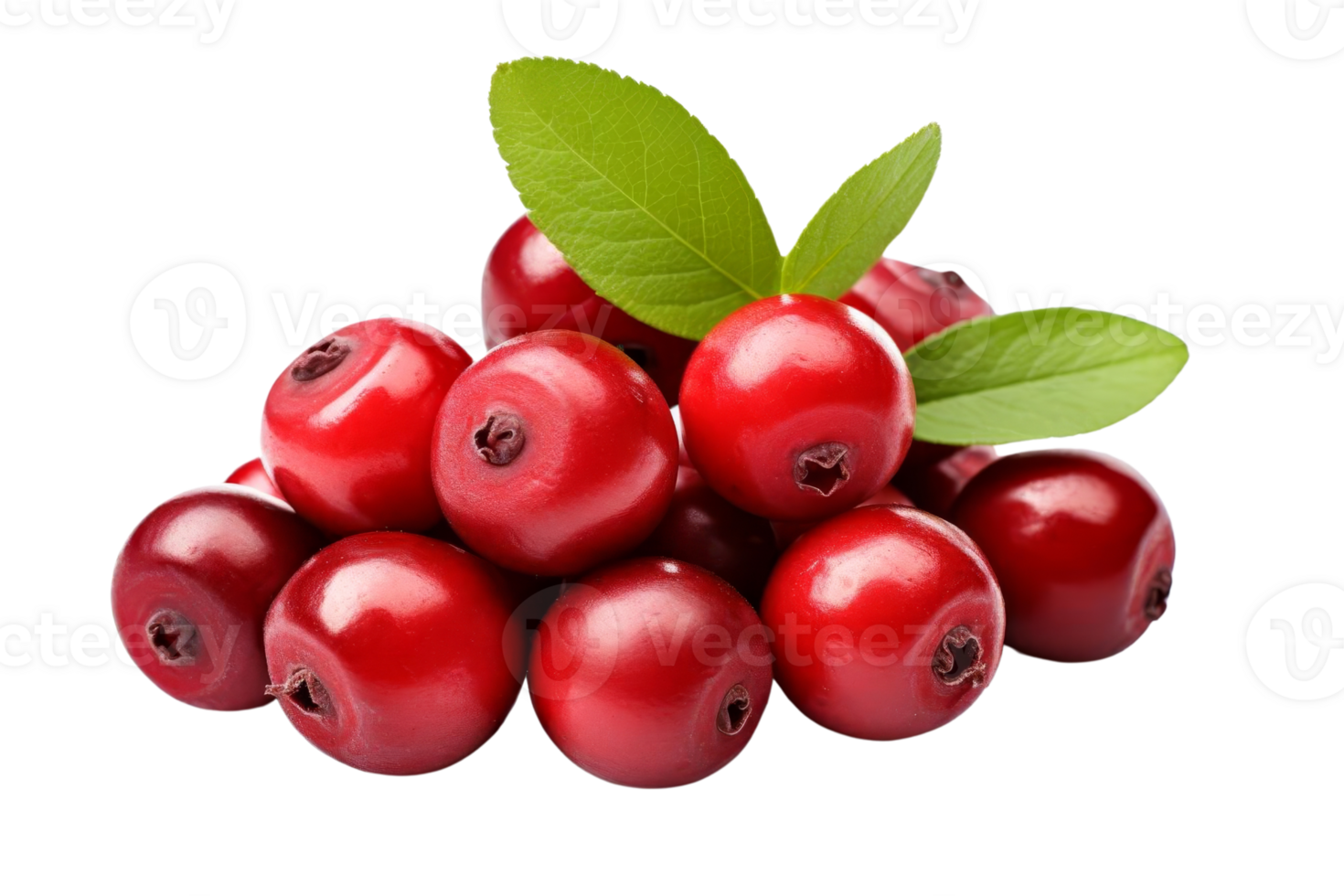 A bunch of red berries with green leaves on top. The berries are small and round, and they are piled on top of each other. The leaves are green and add a pop of color to the image png