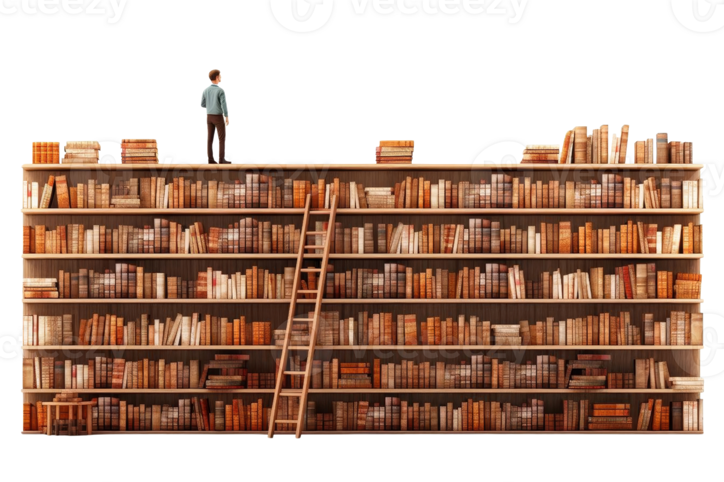 A man is standing on a ladder in front of a very tall bookcase. The books are arranged in rows and are of various sizes. Concept of curiosity and exploration, as the man looks up at the books png