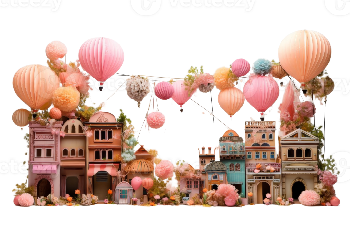A colorful scene of a town with many buildings and balloons. The balloons are pink and yellow, and they are scattered throughout the scene. The buildings are also pink and yellow png