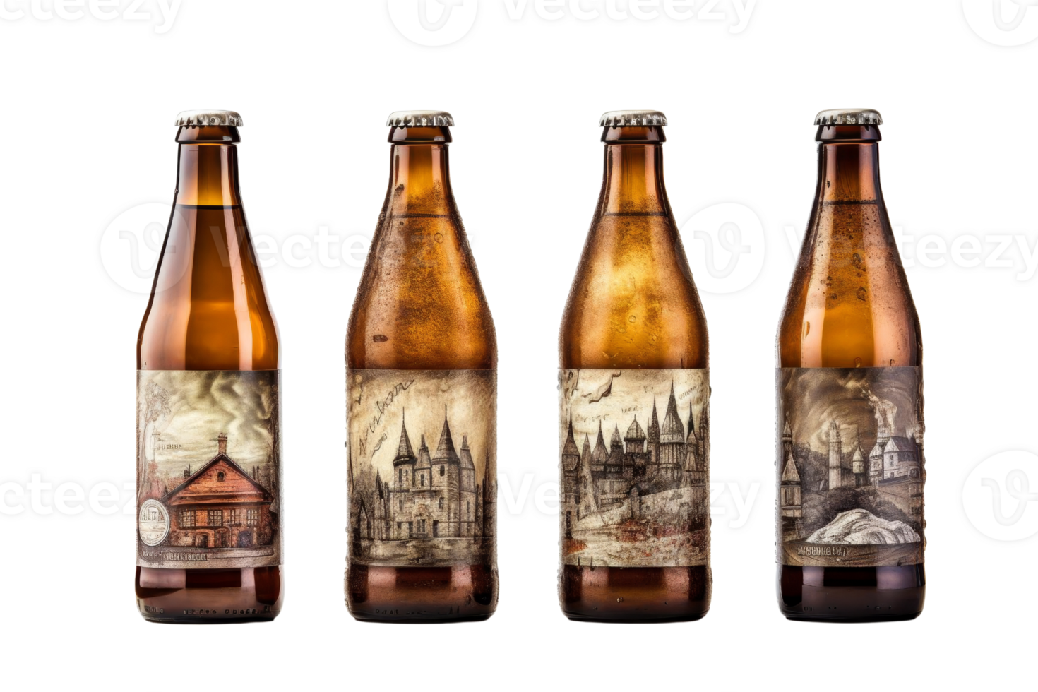 Four bottles of beer with different designs on them. The designs include a castle, a house, a church, and a castle png