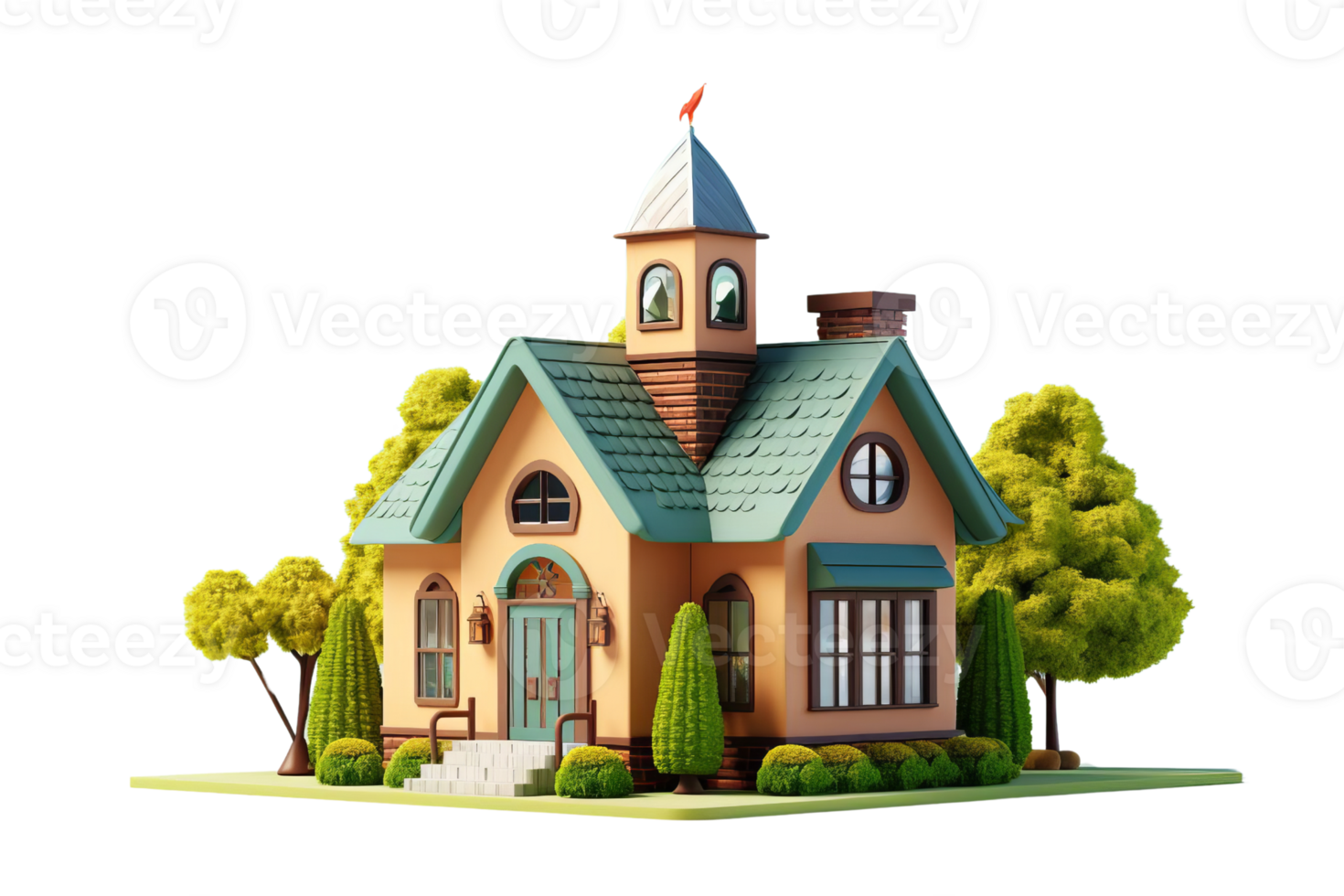 A cartoon house with a green roof and a red flag on top. The house is surrounded by trees and has a green bush in front of it png