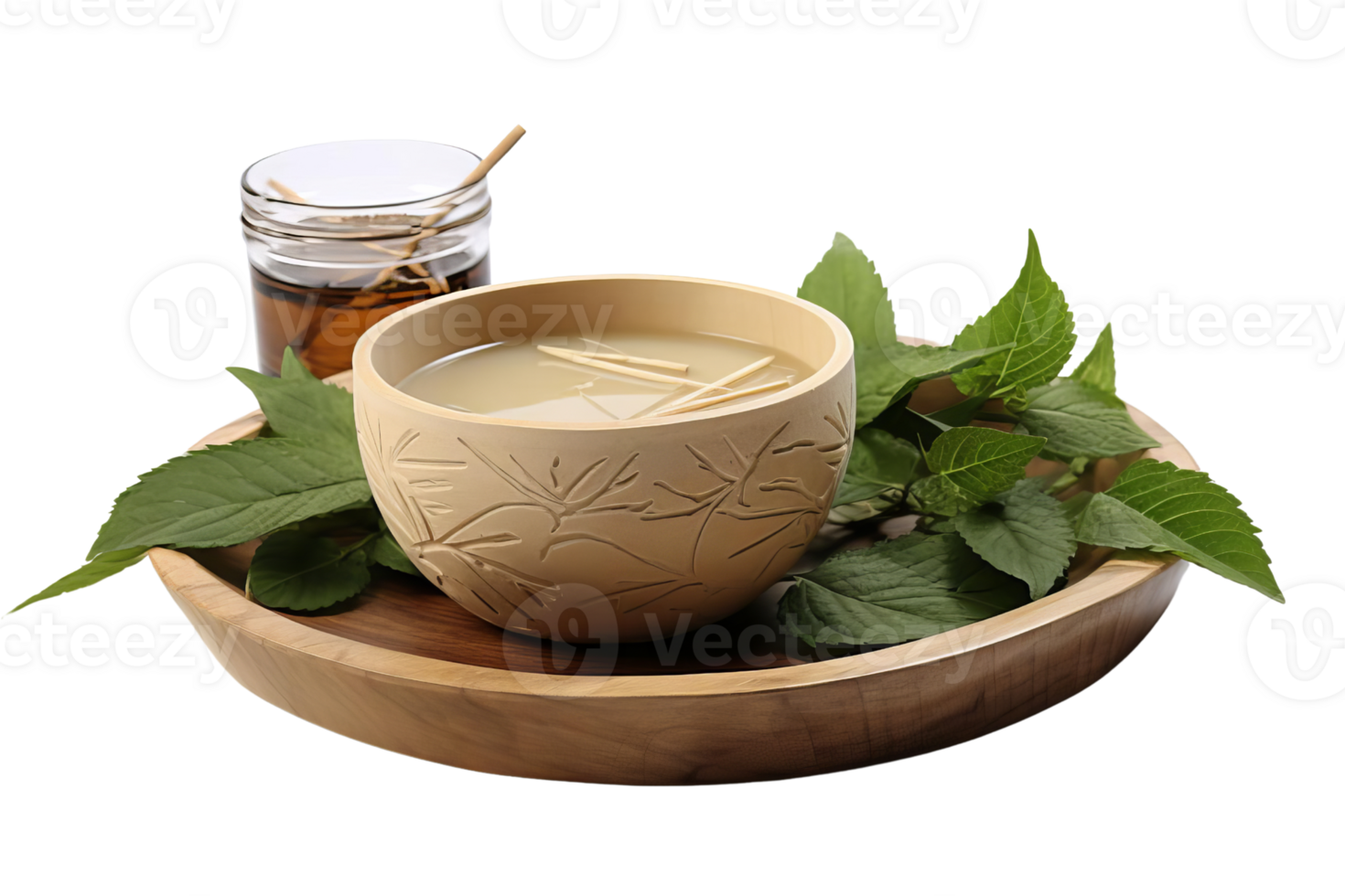 A bowl of liquid with a wooden spoon and a jar of honey. The bowl is on a wooden tray with leaves on it png