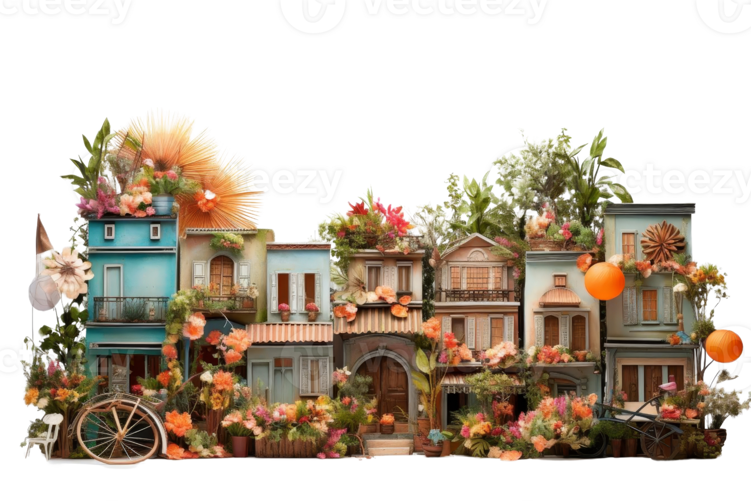 A colorful street scene with houses and trees, and a bicycle in the foreground. The scene is lively and full of color, with flowers and plants everywhere. Scene is cheerful and vibrant png