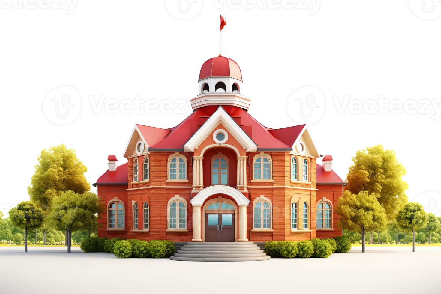 A large red brick building with a red dome and a flag on top. The building has a lot of windows and a large front door. The building is surrounded by trees and bushes png